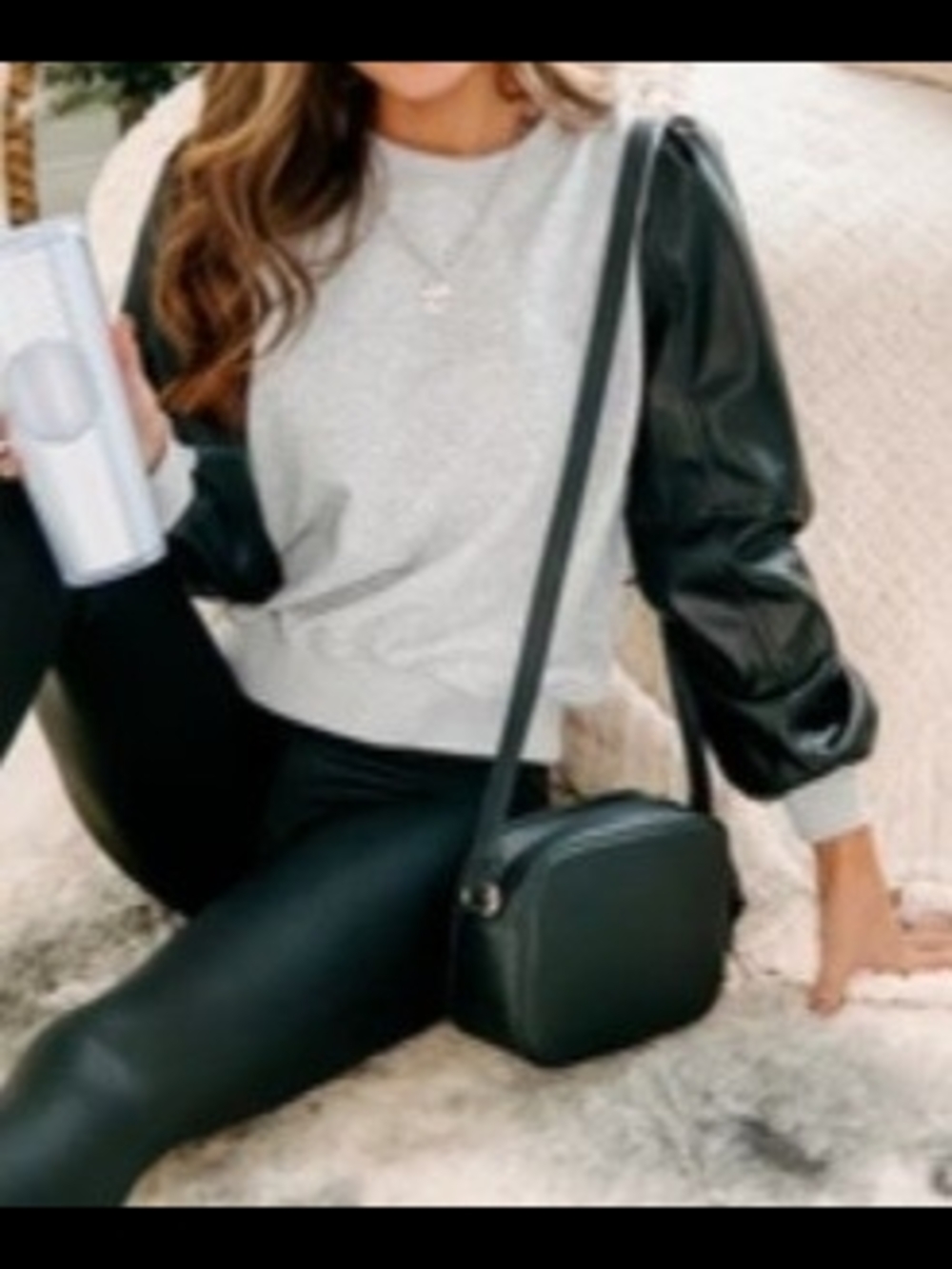 Heather Grey Top with Black Leather Sleeves
